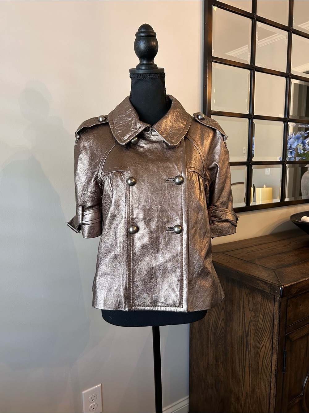 Jocelyn Metallic Bronze Leather Double Breasted Cropped Trench Jacket Small EUC